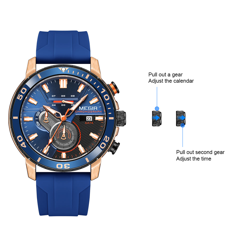 MEGIR Luxury Military Watches for Men Fashion Sport Quartz Wristwatch Waterproof Silicone Band Male Clock Chronograph with Date