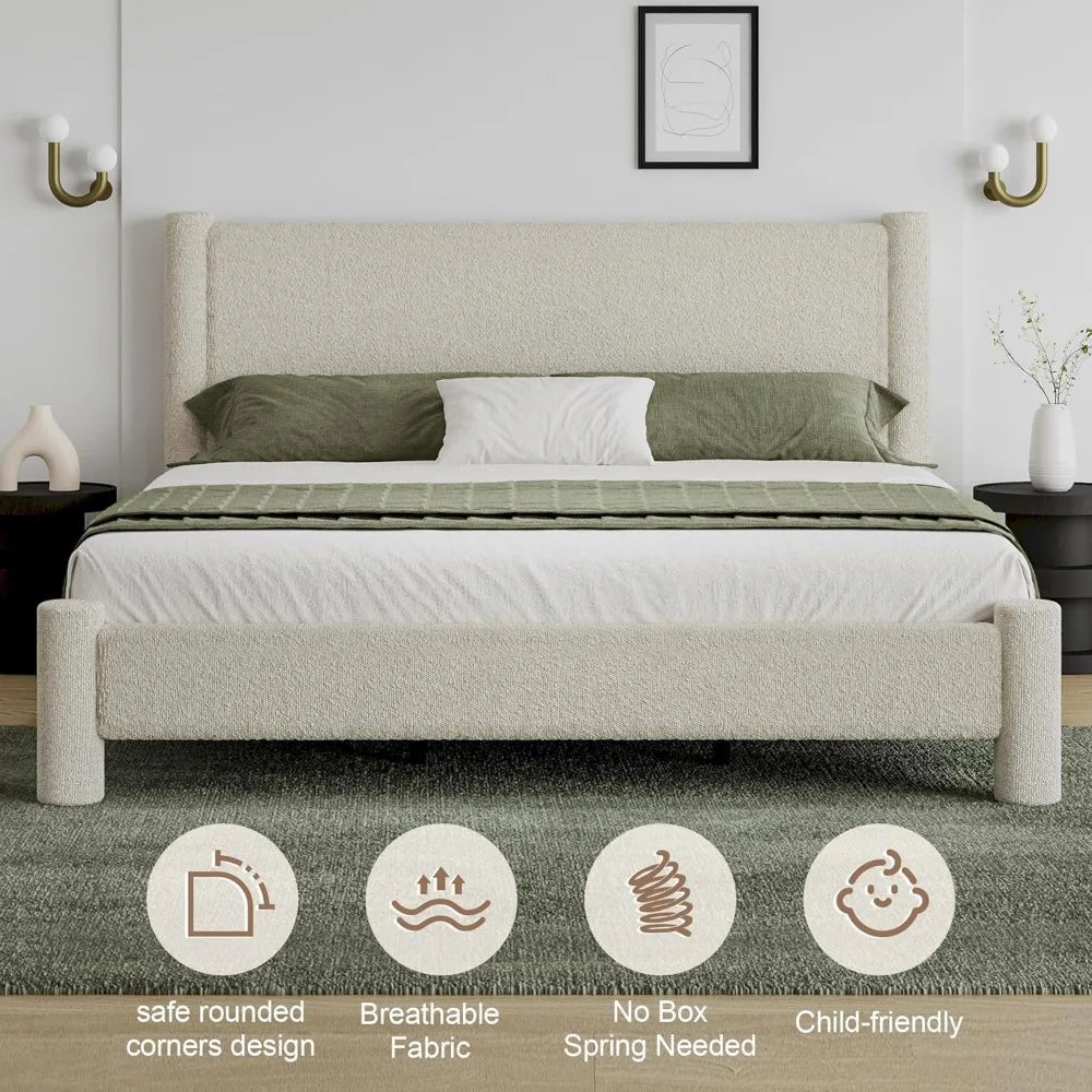 King Size Soft Bed Frame, Boucle Bed Frame with Headborad, Upholstered Platform Bed Frame with Rounded Corners, No Box Spring Re