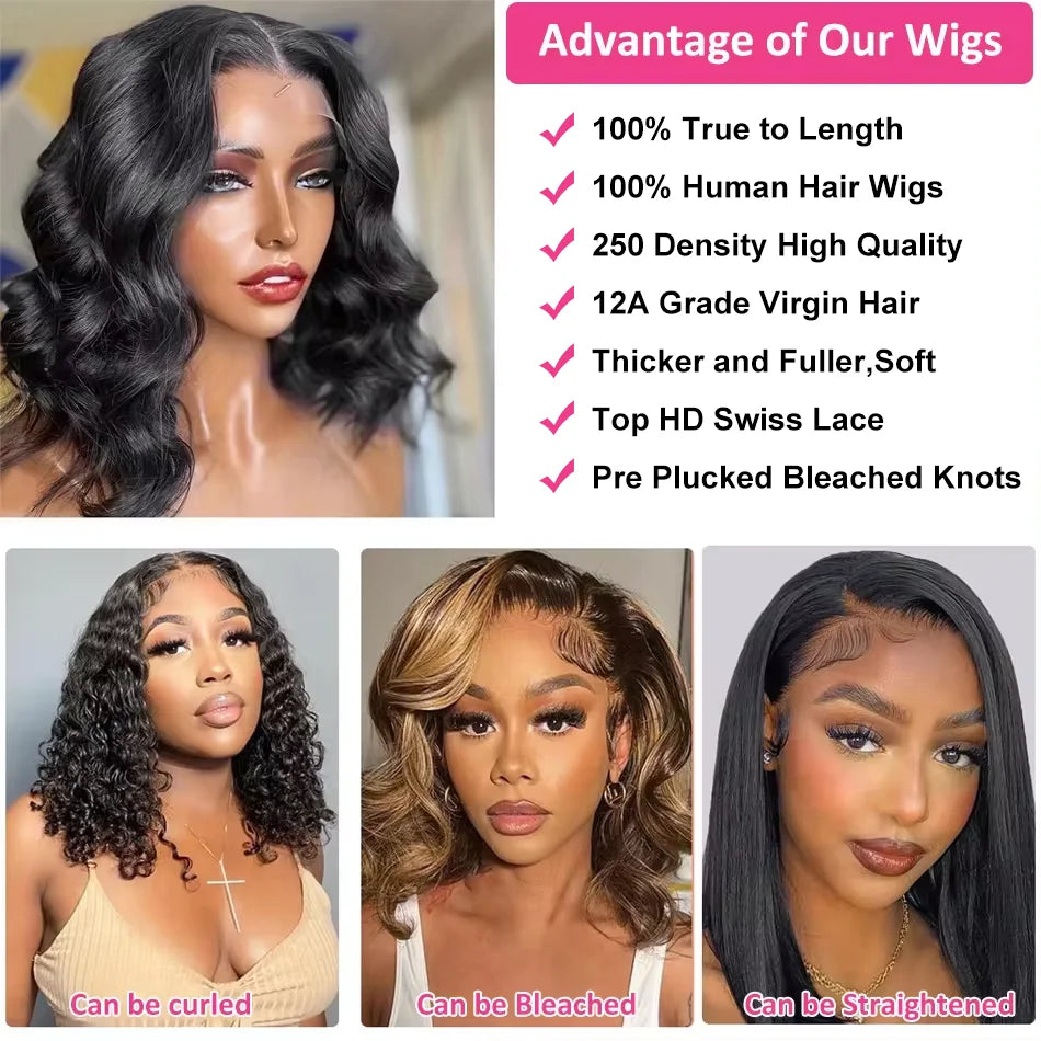 13x4 Natural 200 Density Body Wave Short Bob Frontal Wigs 100% Human Hair Wigs Brazilian Remy Hair HD Transparent Lace For Women