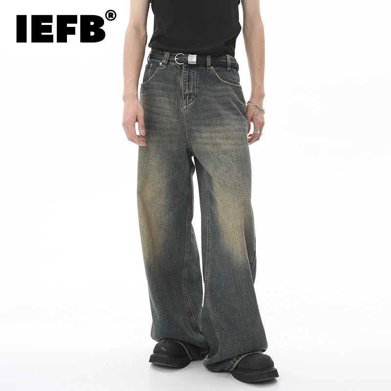 IEFB Summer Men's Denim Pants Old Blue Washed Male Jeans Straight Casual Menwear Loose Wide Leg Trousers New Fashion 9C354
