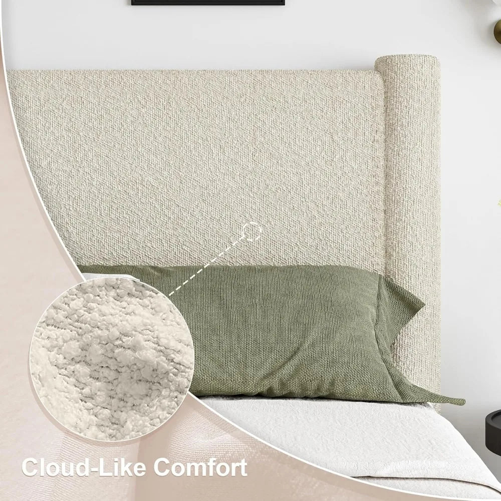 King Size Soft Bed Frame, Boucle Bed Frame with Headborad, Upholstered Platform Bed Frame with Rounded Corners, No Box Spring Re