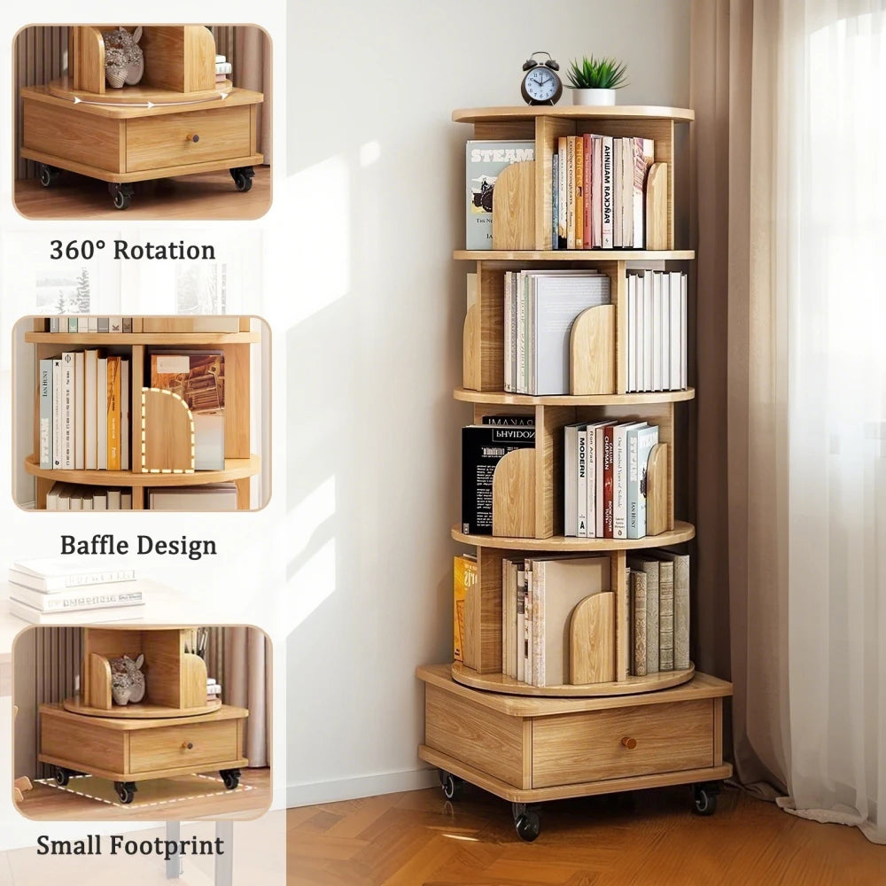 5 Tier Rotating Bookshelf 360° Display Round Spinning Bookshelf with Wheels Space-Saving Small Space Rotating Bookshelf Tower