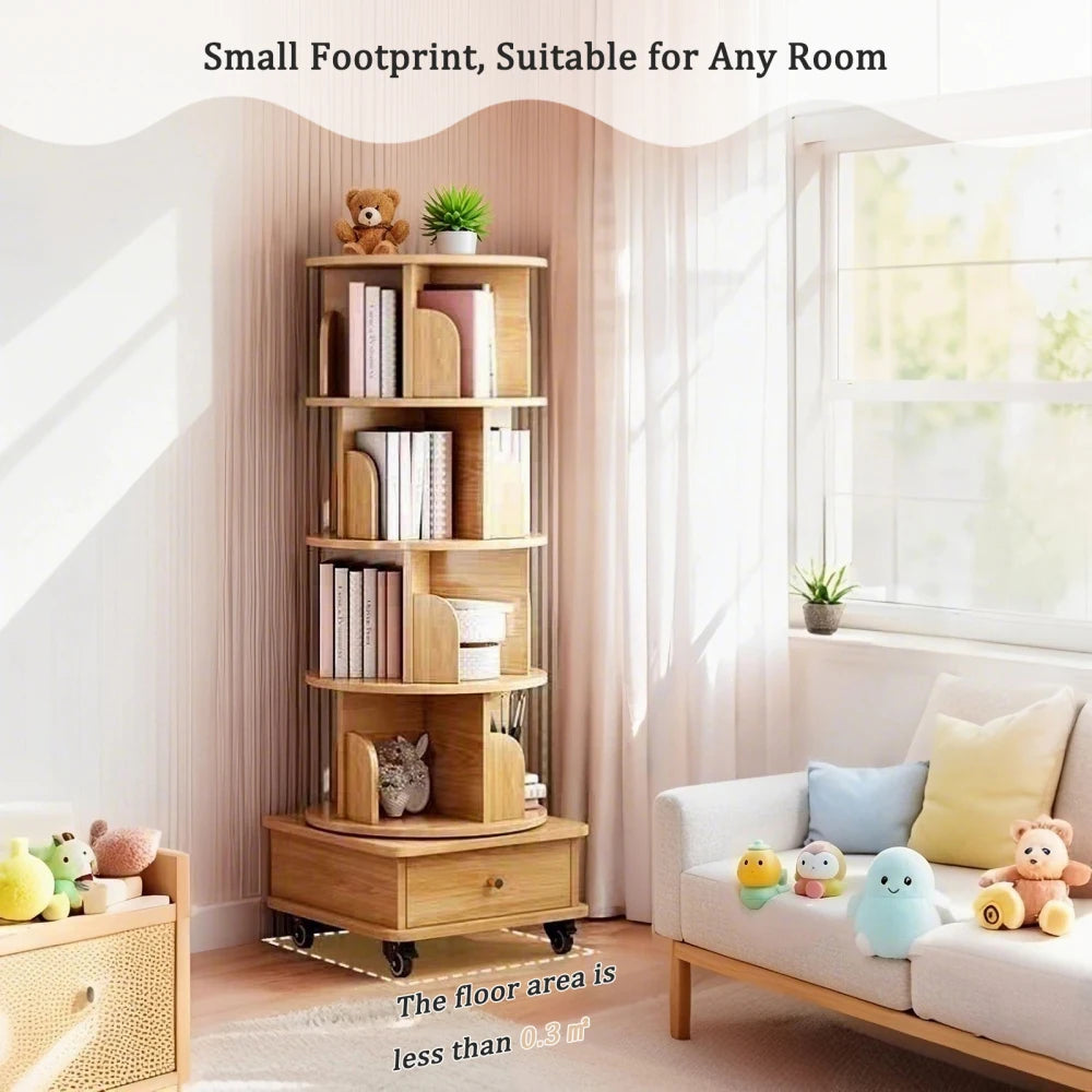 5 Tier Rotating Bookshelf 360° Display Round Spinning Bookshelf with Wheels Space-Saving Small Space Rotating Bookshelf Tower