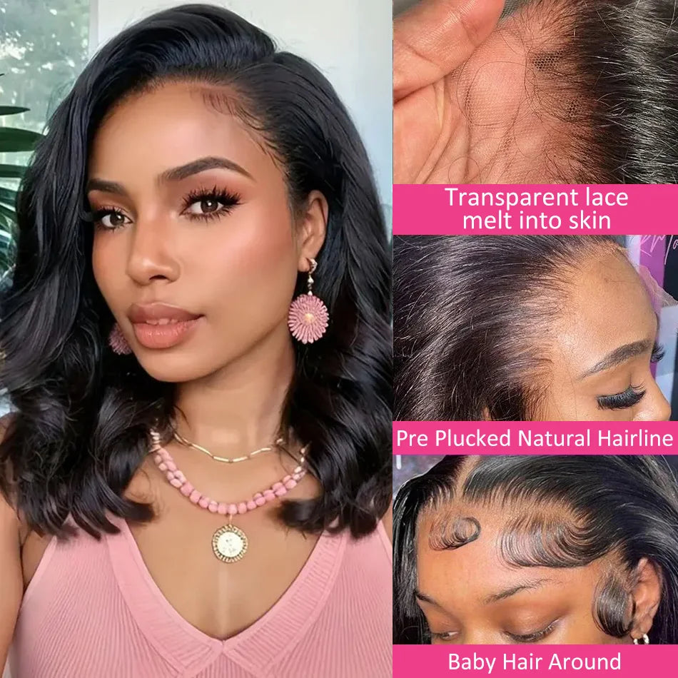13x4 Natural 200 Density Body Wave Short Bob Frontal Wigs 100% Human Hair Wigs Brazilian Remy Hair HD Transparent Lace For Women
