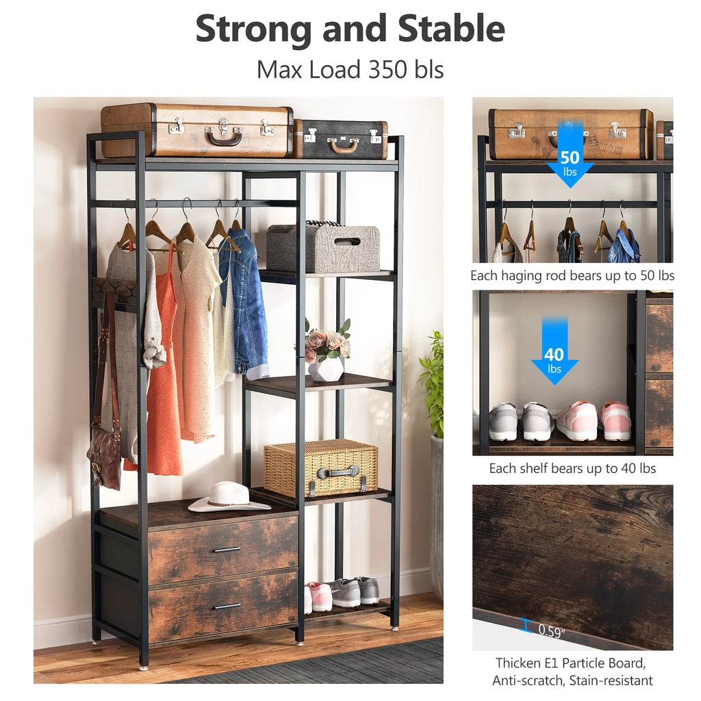 Tribesigns Freestanding Clothes Garment Rack with shelves and 2 Drawers, Heavy Duty Metal Clothing Rack for Studio Apartment