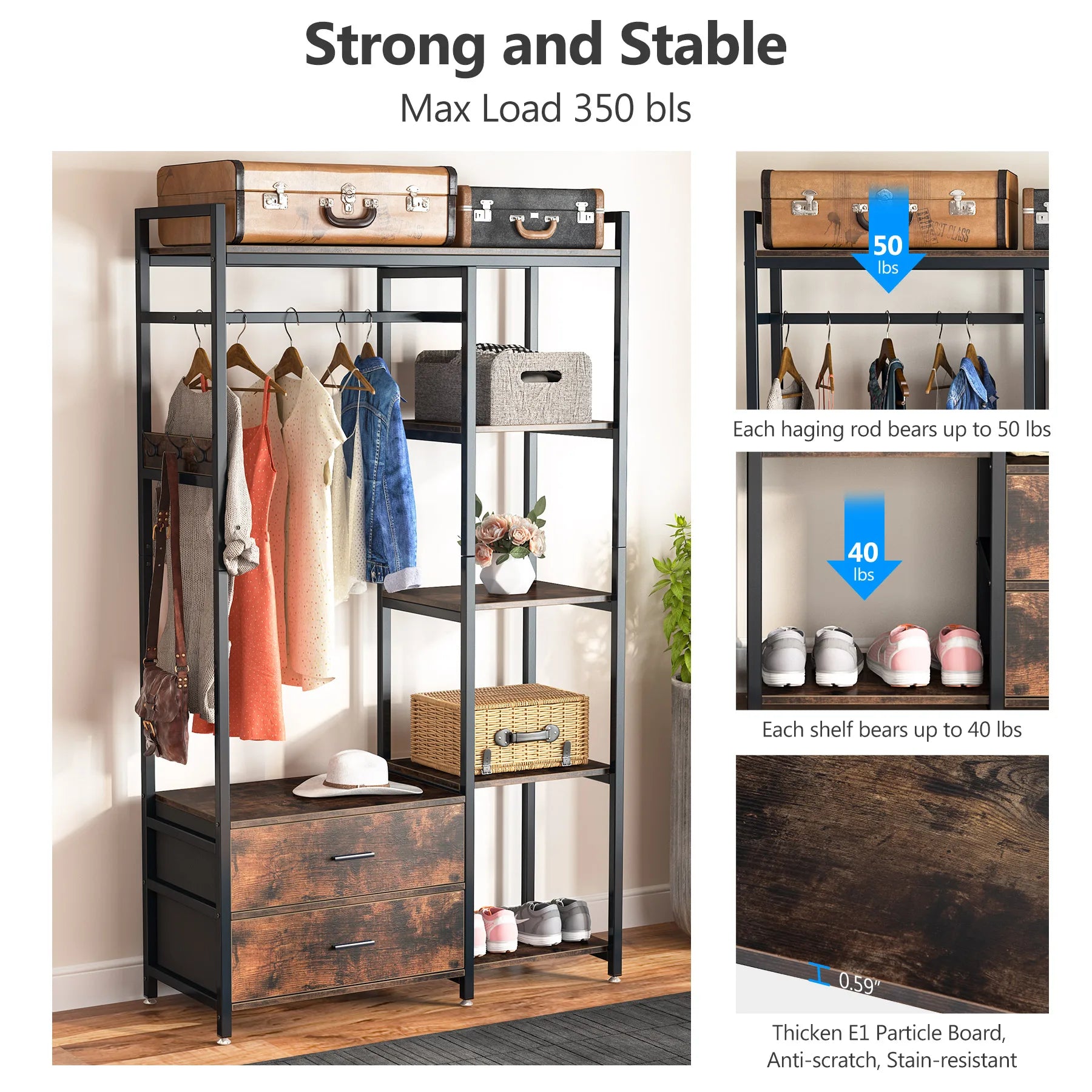 Tribesigns Freestanding Clothes Garment Rack with shelves and 2 Drawers, Heavy Duty Metal Clothing Rack for Studio Apartment