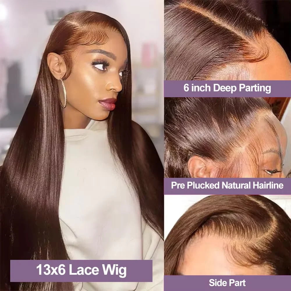 36 Inch Chocolate Brown Lace Front Human Straight Hair Wigs For Black Women Brazilian Pre Plucked 13x4 13x6 HD Lace Frontal Wigs