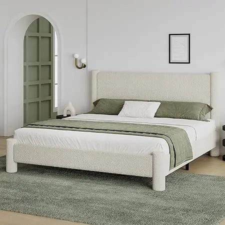 King Size Soft Bed Frame, Boucle Bed Frame with Headborad, Upholstered Platform Bed Frame with Rounded Corners, No Box Spring Re