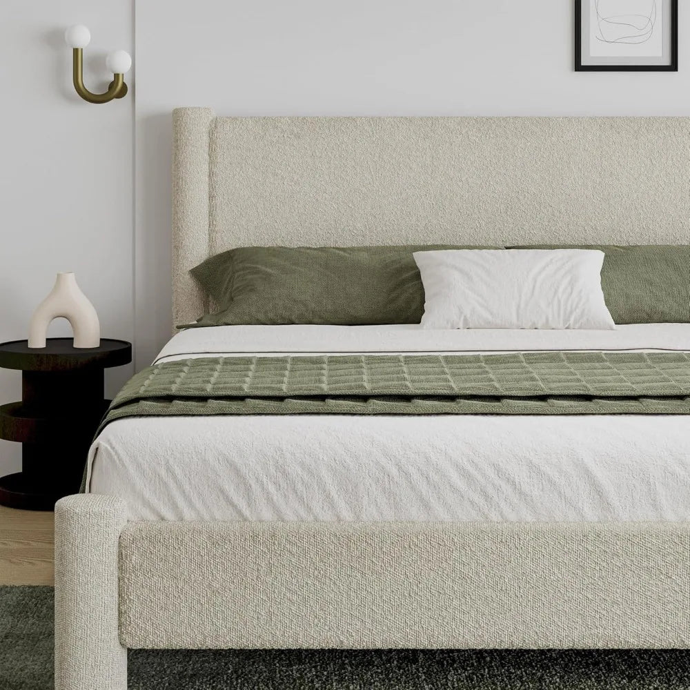 King Size Soft Bed Frame, Boucle Bed Frame with Headborad, Upholstered Platform Bed Frame with Rounded Corners, No Box Spring Re
