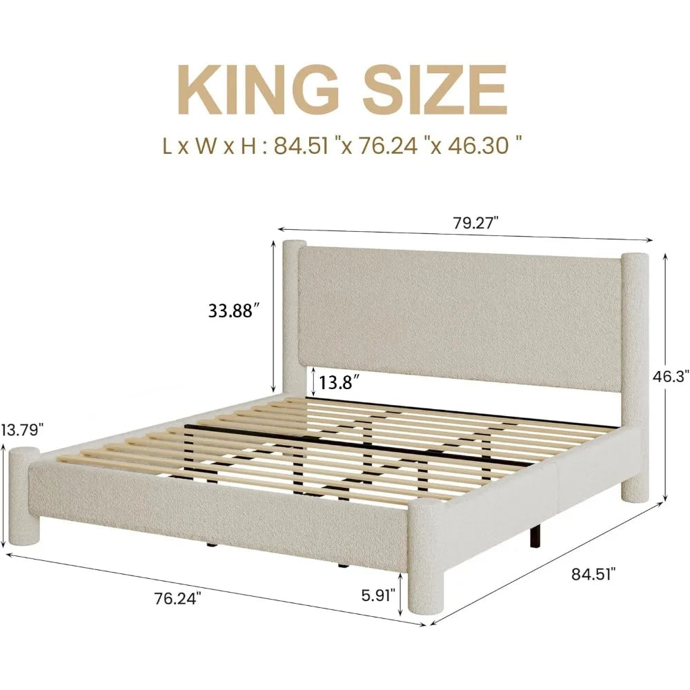 King Size Soft Bed Frame, Boucle Bed Frame with Headborad, Upholstered Platform Bed Frame with Rounded Corners, No Box Spring Re