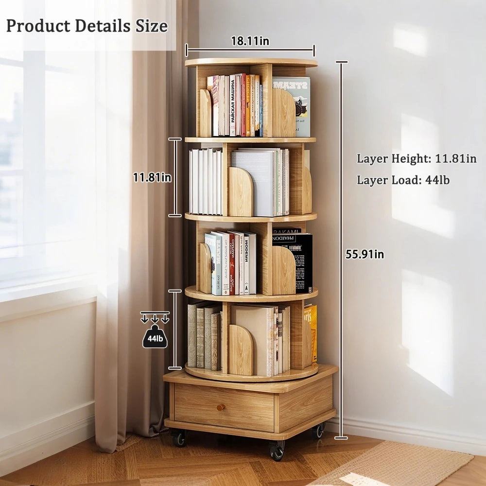5 Tier Rotating Bookshelf 360° Display Round Spinning Bookshelf with Wheels Space-Saving Small Space Rotating Bookshelf Tower
