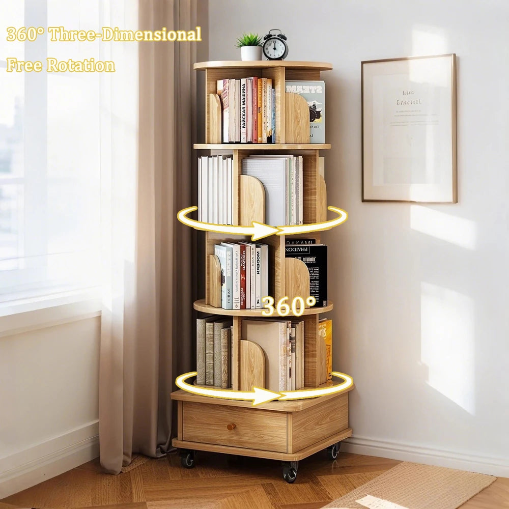 5 Tier Rotating Bookshelf 360° Display Round Spinning Bookshelf with Wheels Space-Saving Small Space Rotating Bookshelf Tower