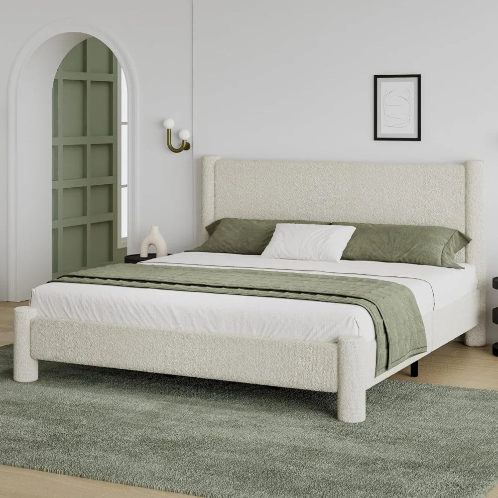 King Size Soft Bed Frame, Boucle Bed Frame with Headborad, Upholstered Platform Bed Frame with Rounded Corners, No Box Spring Re