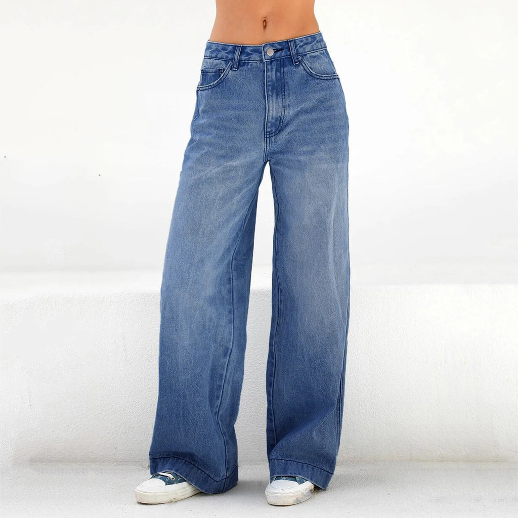 Vintage Baggy Ripped Jeans Women Fashion 90s Loose Casual Solid Wide Leg Pants Zipper Fly Pocket High Waist Jeans Trousers